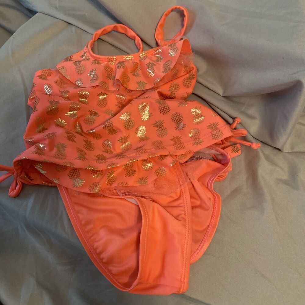 Real Love Coral 2-Piece‎ Girls Size 4T Swimsuit W/Metallic Gold Pineapple Design